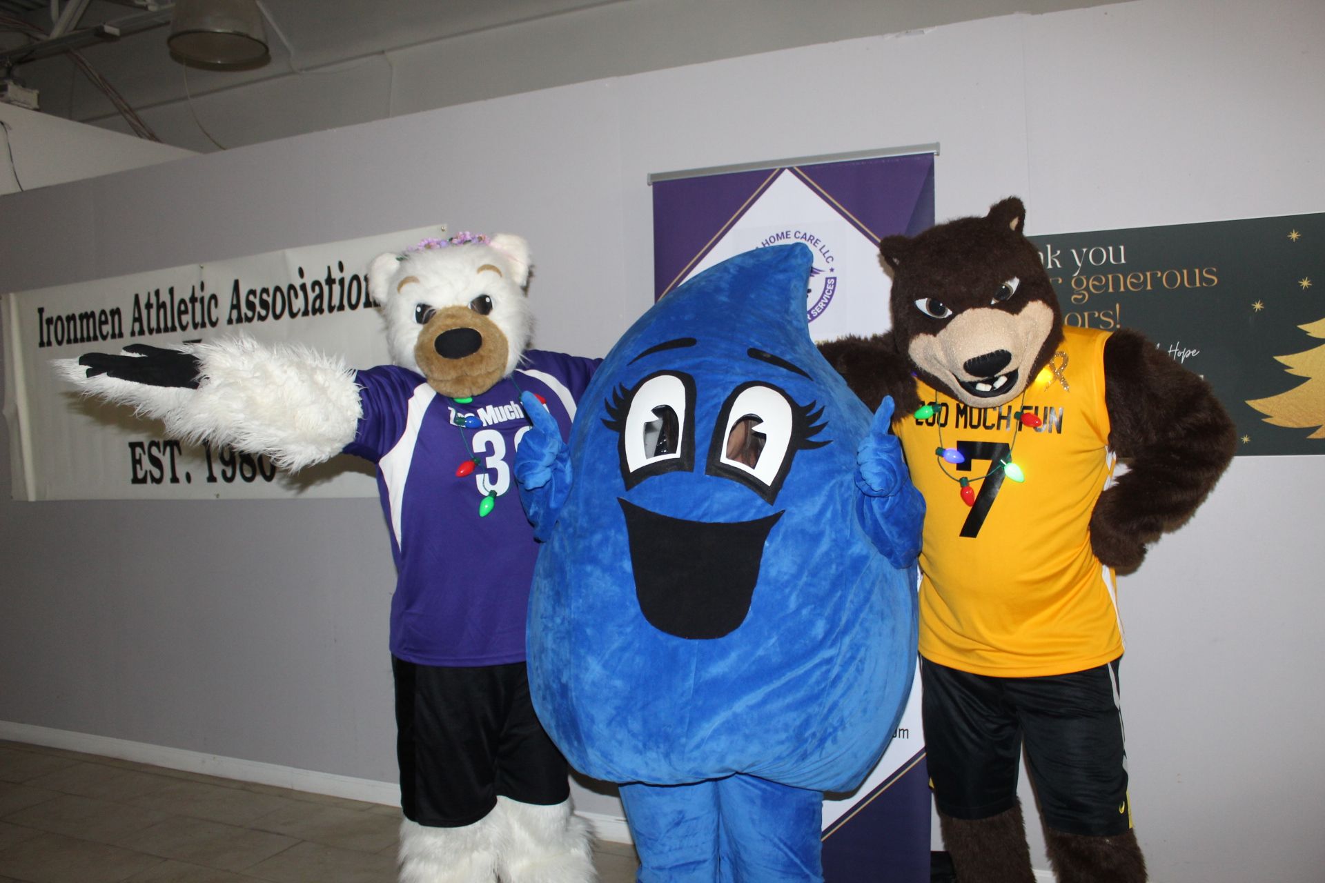 Three mascots posing: a polar bear, a blue water drop, and a wolf. All are wearing sports jerseys.