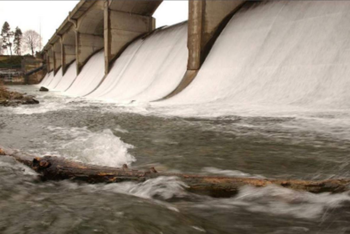 Water cascading over a concrete dam, flowing into a river with a log.