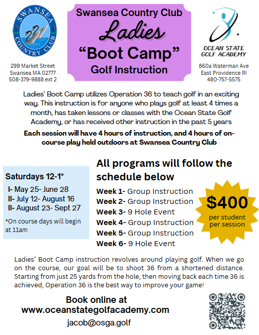A flyer for swansea country club ladies boot camp golf instruction