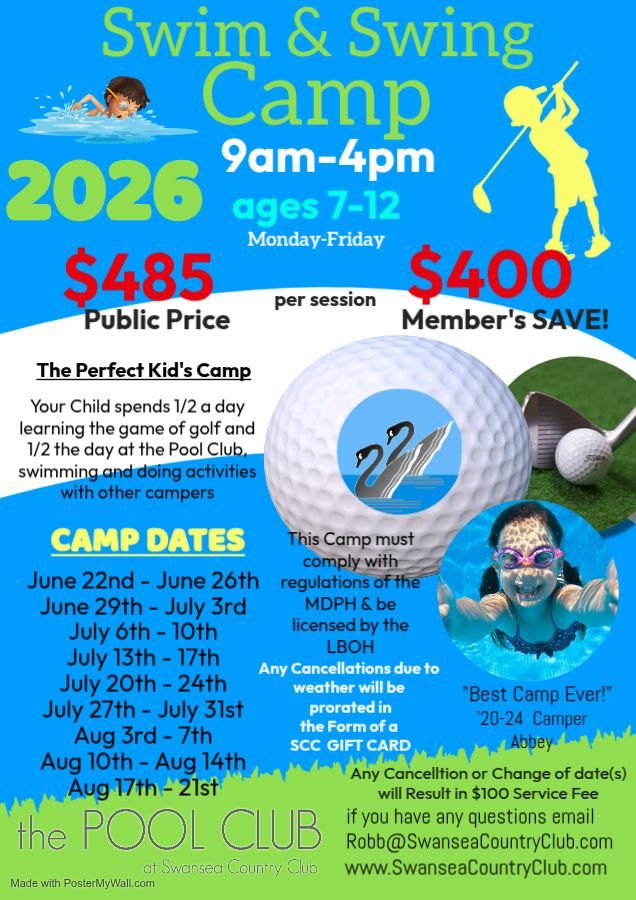 A poster for a swim and swing camp in 2026