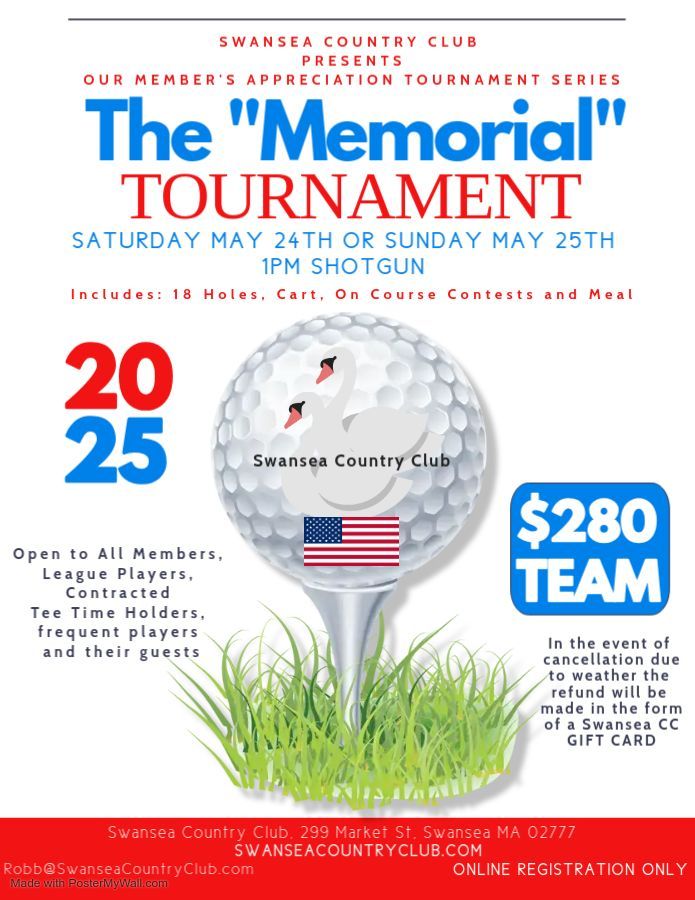 A poster for the memorial tournament on saturday may 24th or sunday may 25th