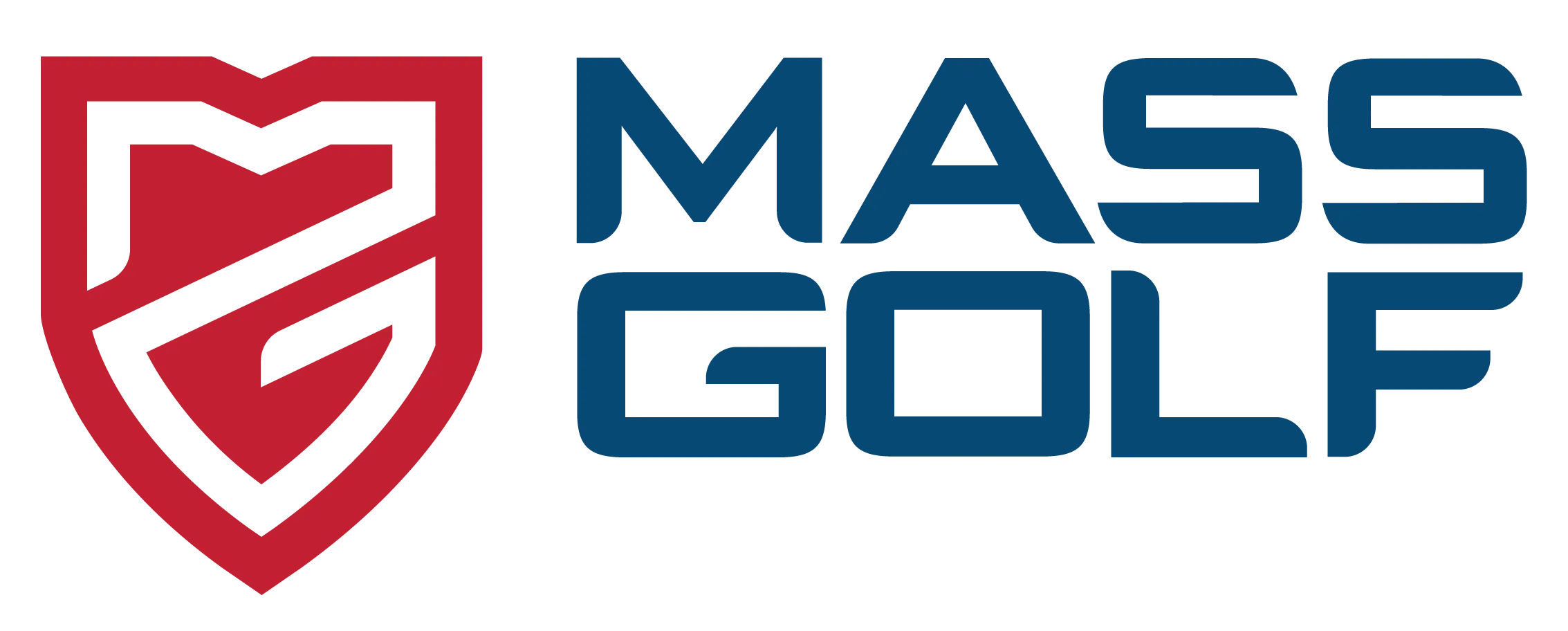 A red , white and blue logo for mass golf with a shield.