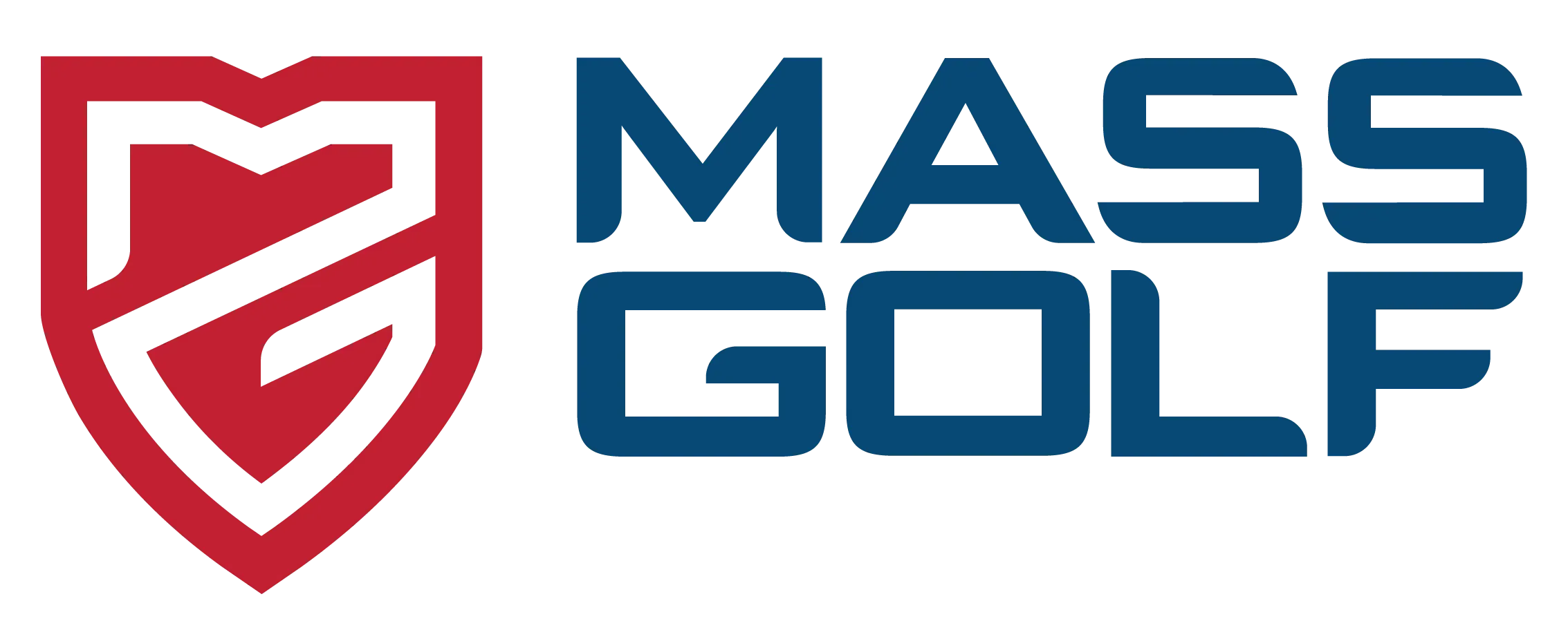 A red , white and blue logo for mass golf with a shield.
