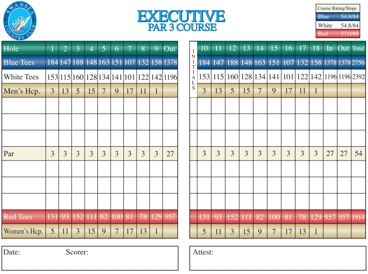 A golf scorecard for the executive par 3 course