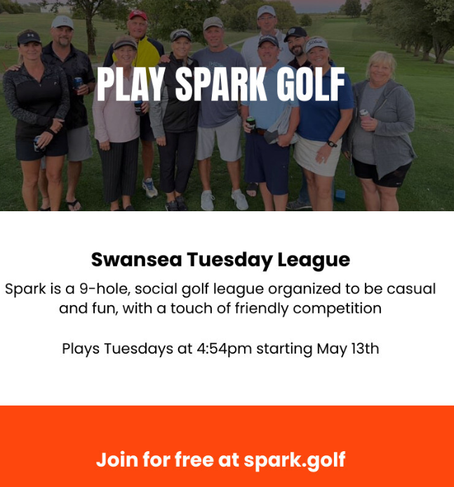 A group of people standing on a golf course with the words play spark golf above them