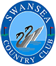 The logo for the swansea country club has two swans and a boat in it.