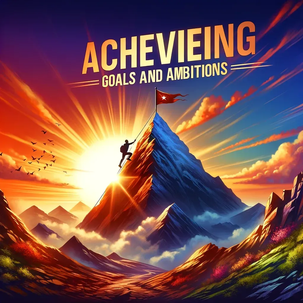 A poster for achieving goals and ambitions with a man climbing a mountain