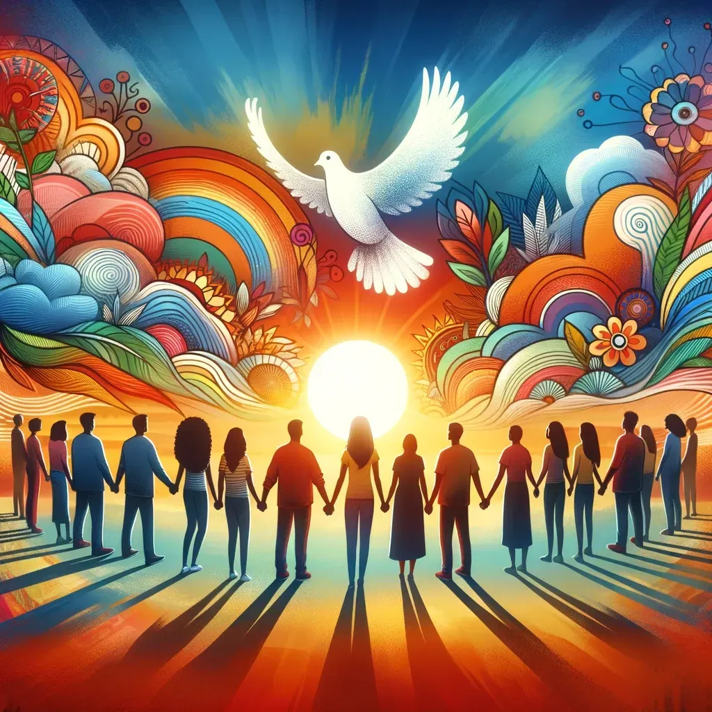 A group of people are standing in a circle holding hands and a dove is flying over them.