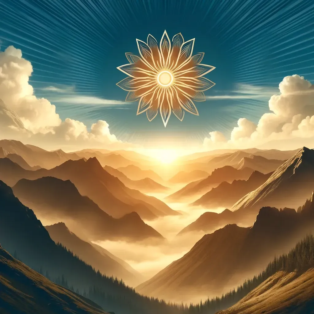 A painting of a mountain range with a flower in the sky