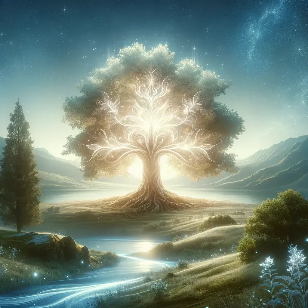 A tree with a lot of branches is in the middle of a river.