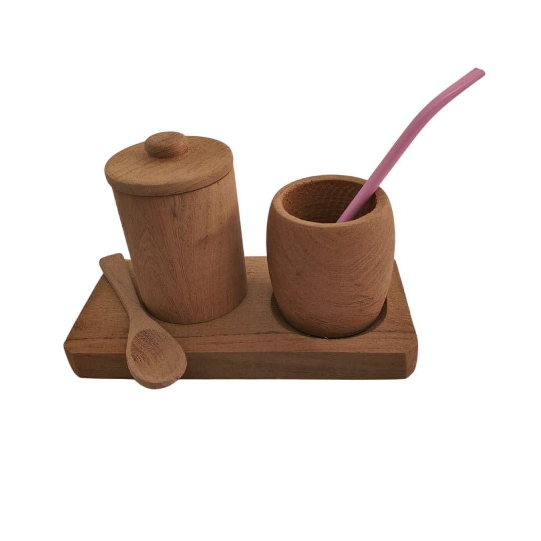 Juego de salero y pimentero de madera para mesa con cuchara y palito para remover rosa.