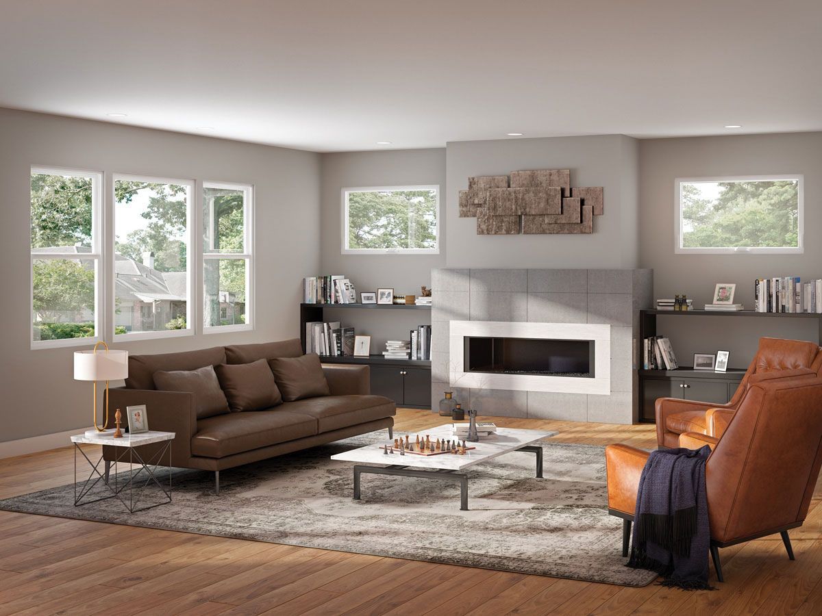 Modern living room with sofa and furnace — Windows & Doors in Gunnedah, NSW