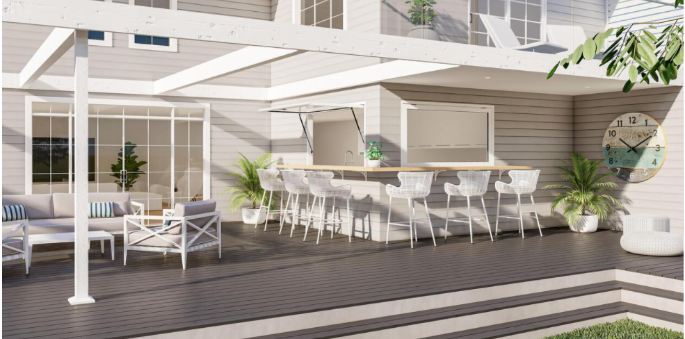 A 3d rendering of a patio with a bar and a clock on the wall.