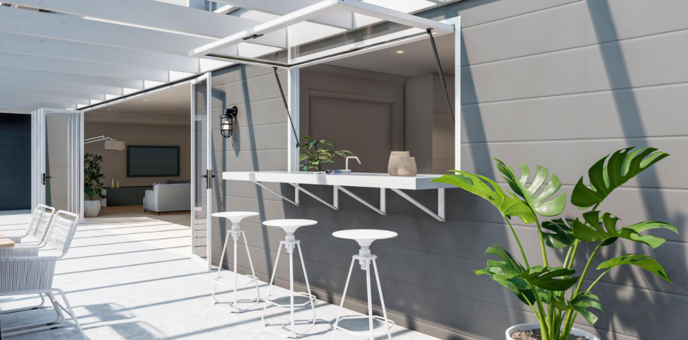 An artist 's impression of a patio with a bar and stools.
