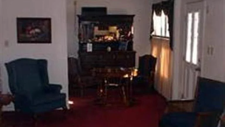Dim living room with red carpet, blue armchair, bar cabinet, and bright window light