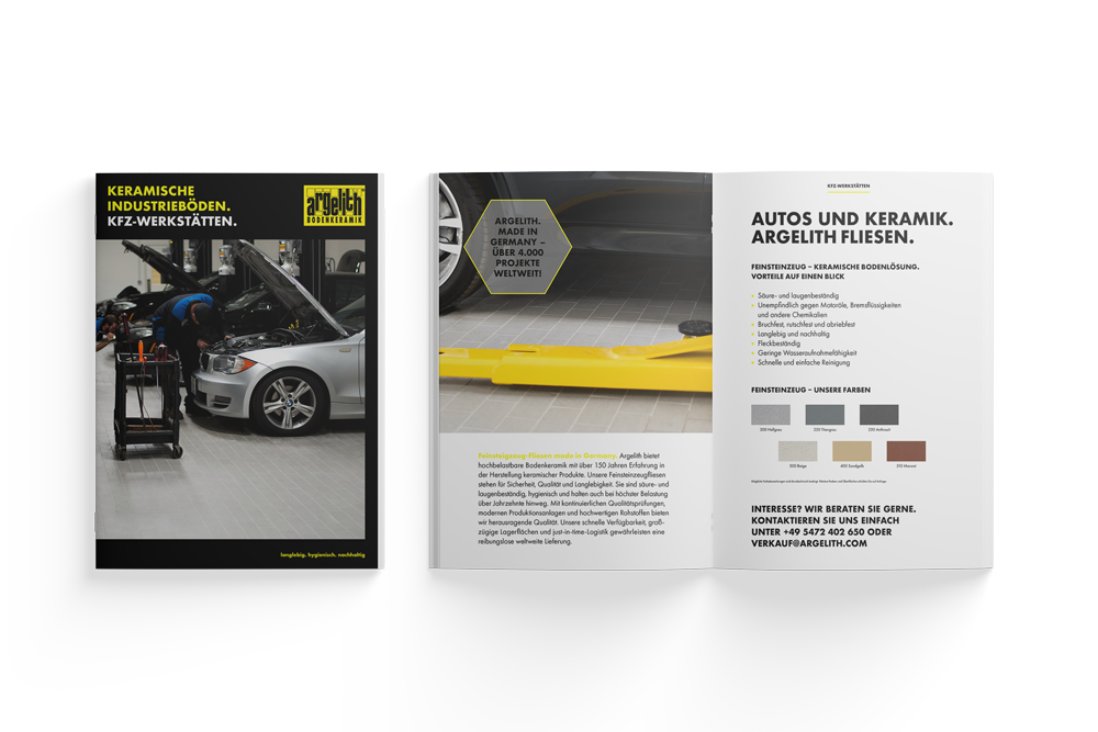 A brochure with a picture of a car in a garage.