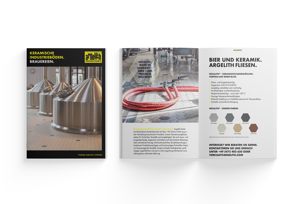 A brochure with a picture of a brewery and a picture of a red hose.