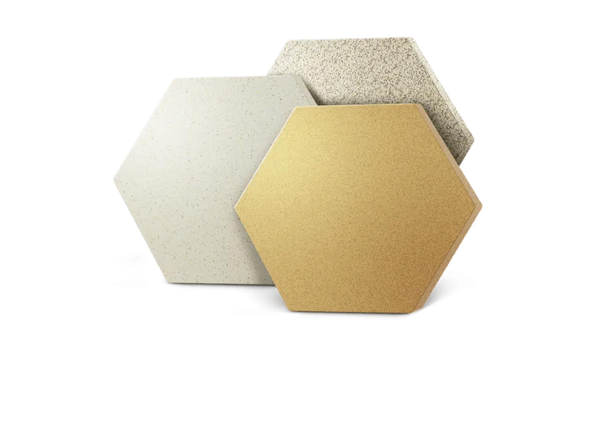Three hexagonal tiles are stacked on top of each other on a white background