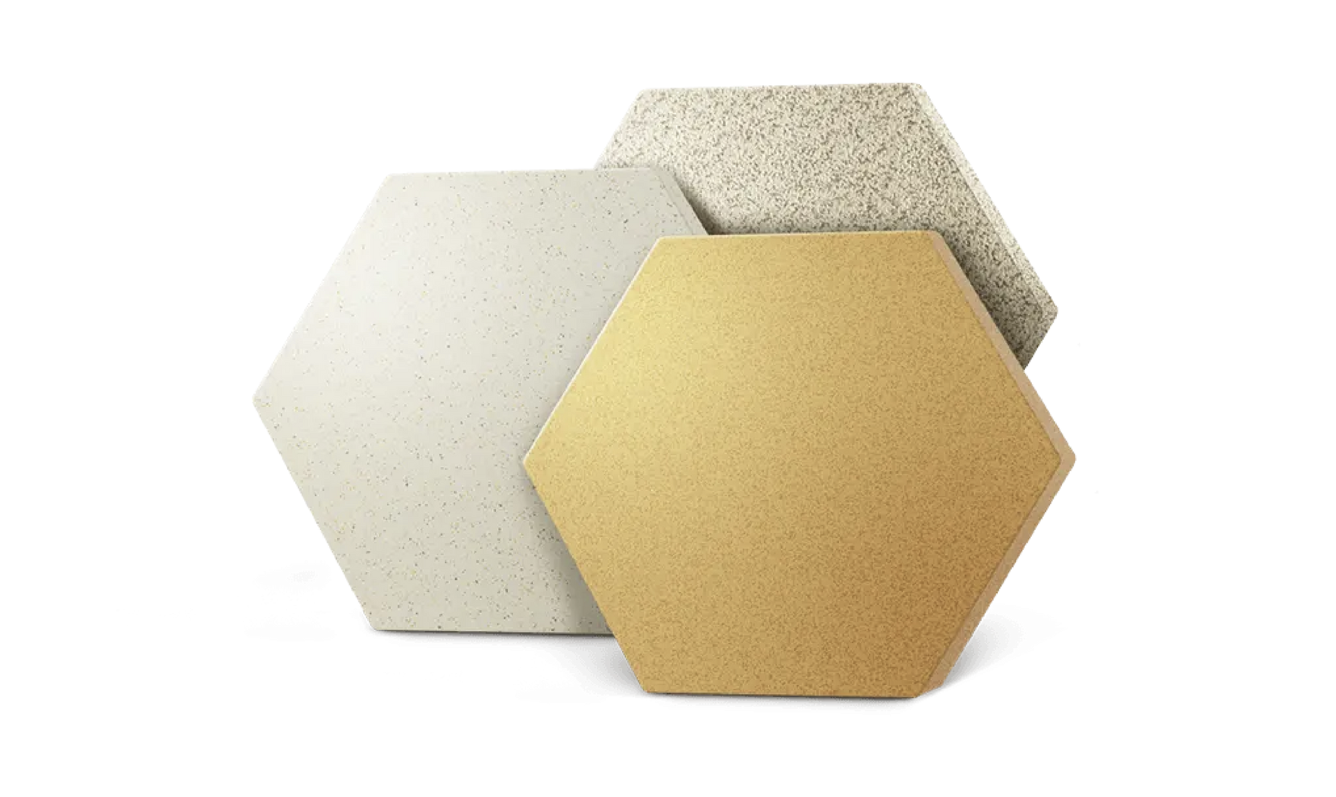 Three hexagonal tiles are stacked on top of each other on a white background