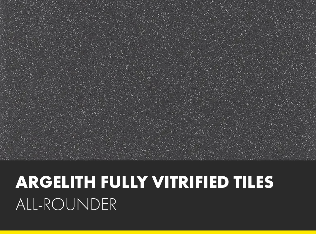 A black tile with a yellow border and the words argelith fully vitrified tiles all-rounder