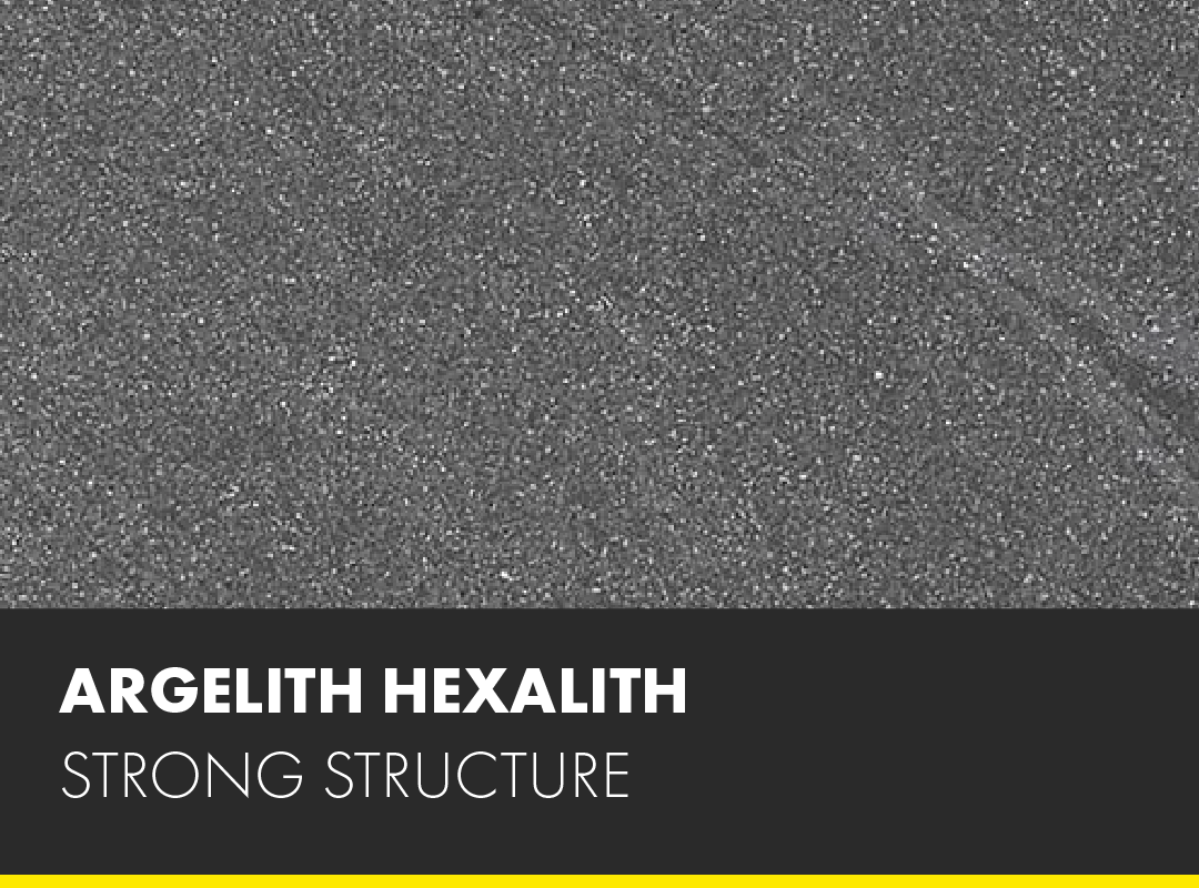 A close up of a gray surface with the words `` argelite hexalith strong structure '' written on it.