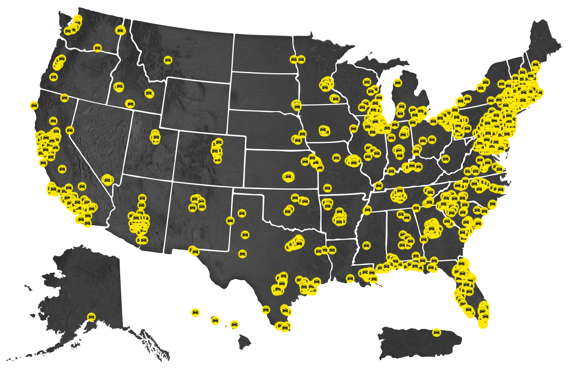 Map of the United States displaying more than 1,800 Argelith automotive flooring projects. Yellow markers indicate completed automotive facility flooring installations nationwide, with strong concentrations in California, Texas, the Southeast, Midwest, and Northeast, highlighting Argelith’s coast-to-coast experience providing engineered ceramic tile flooring solutions for automotive service and dealership environments.