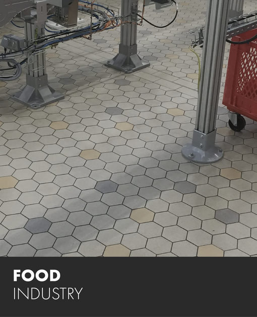 A picture of a food industry with a brick floor