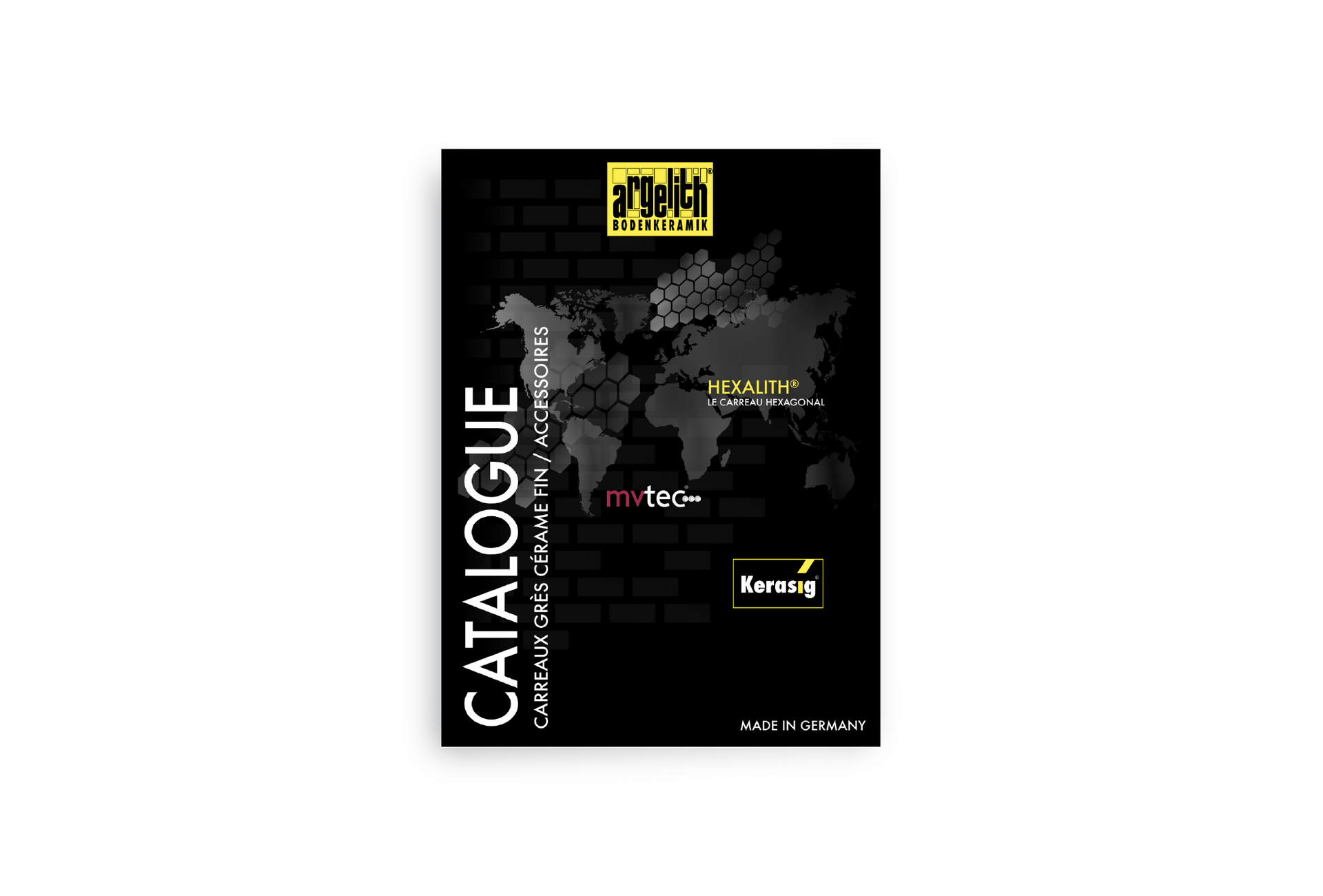 A black catalog with a map of the world on it.