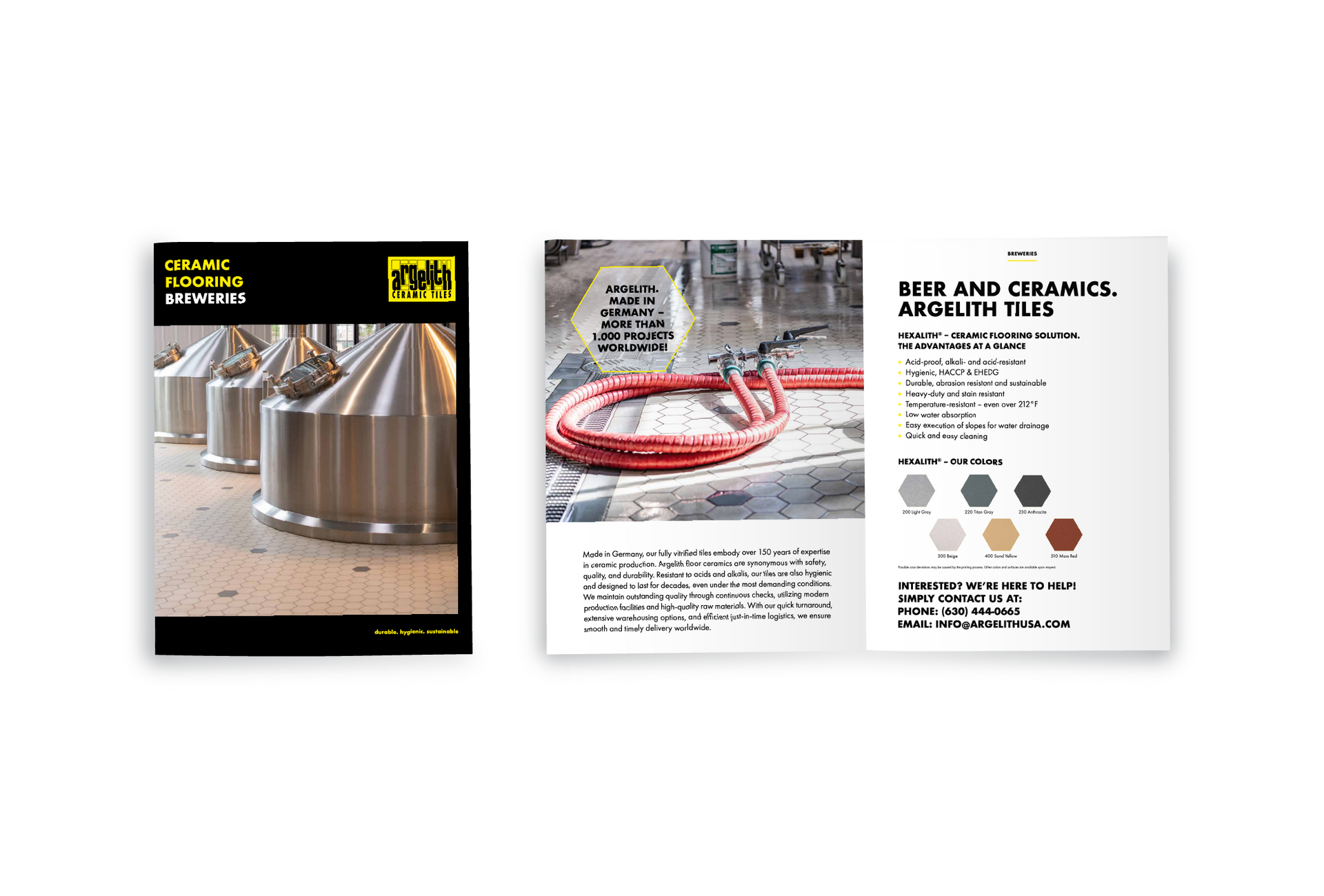 A brochure with a picture of a factory and a picture of a hose.