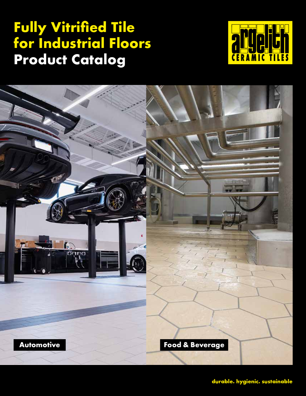 A product range brochure with industrial tiles on it.