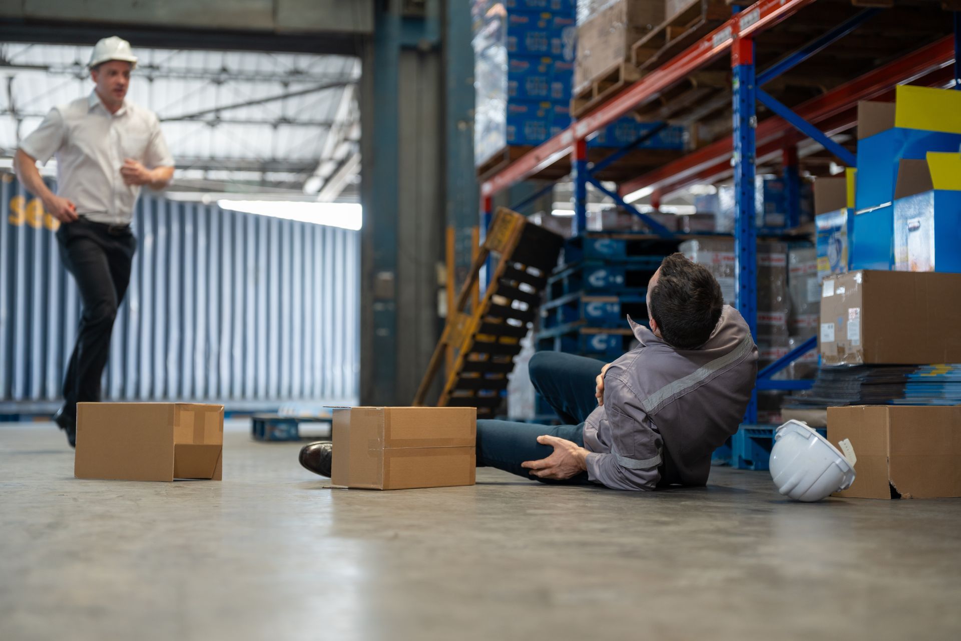 A man lies on the floor of a warehouse after falling. Another man runs toward him. Cardboard boxes and a hard hat are nearby.