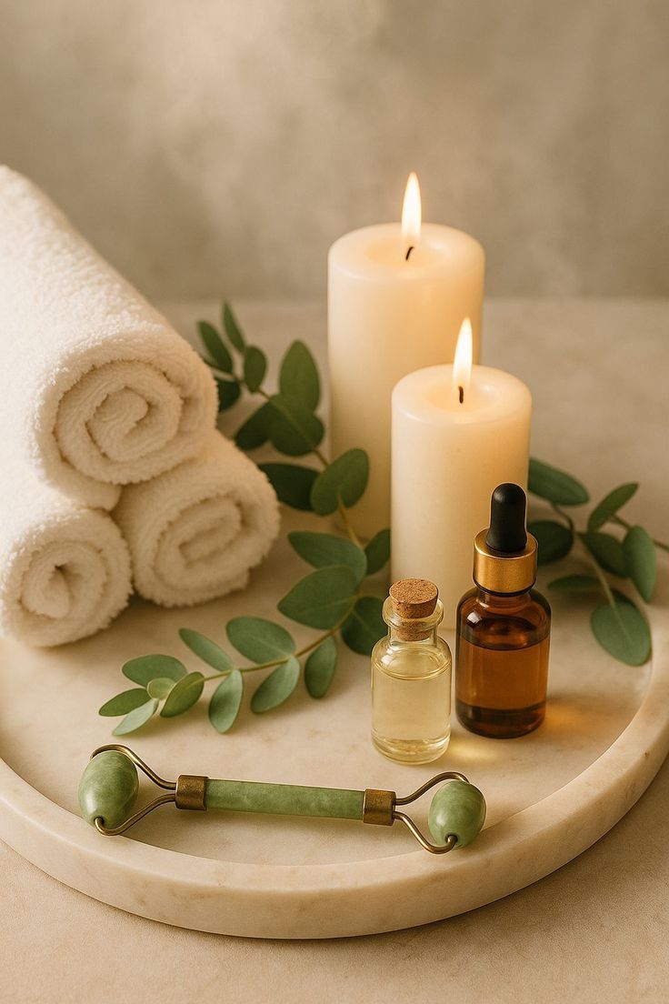 Bodegón de spa con toallas blancas enrolladas, velas encendidas, hojas verdes y pequeños frascos de aceites esenciales 