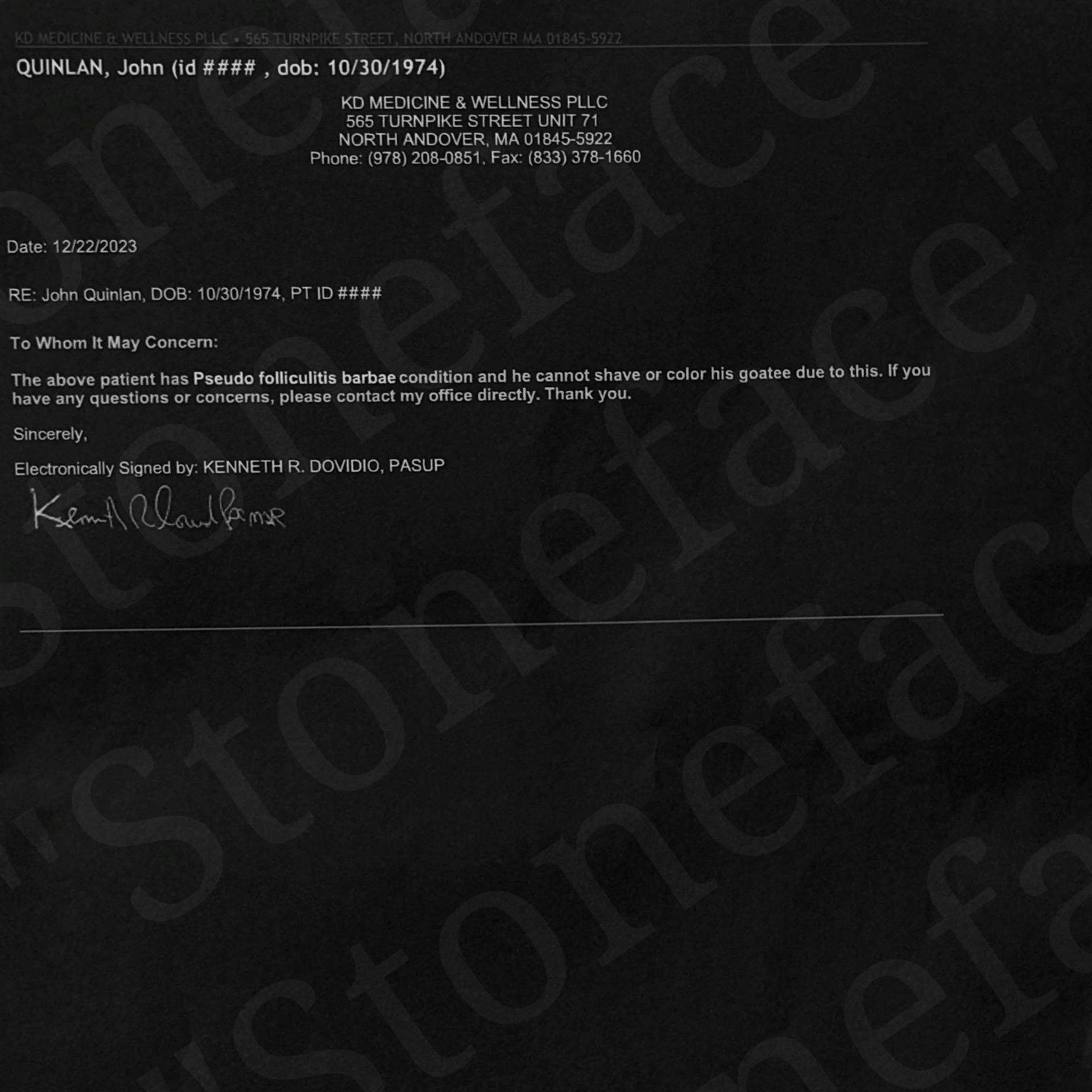 John Stoneface Quinlan Facial Skin Condition Diagnosis 12-2023 