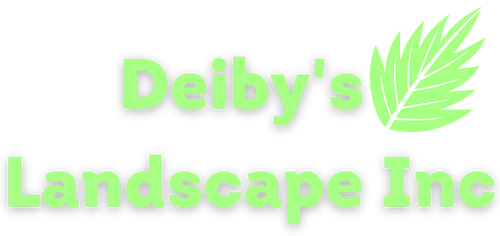 Deiby’s Landscape Inc logo with light green text and a green leaf graphic