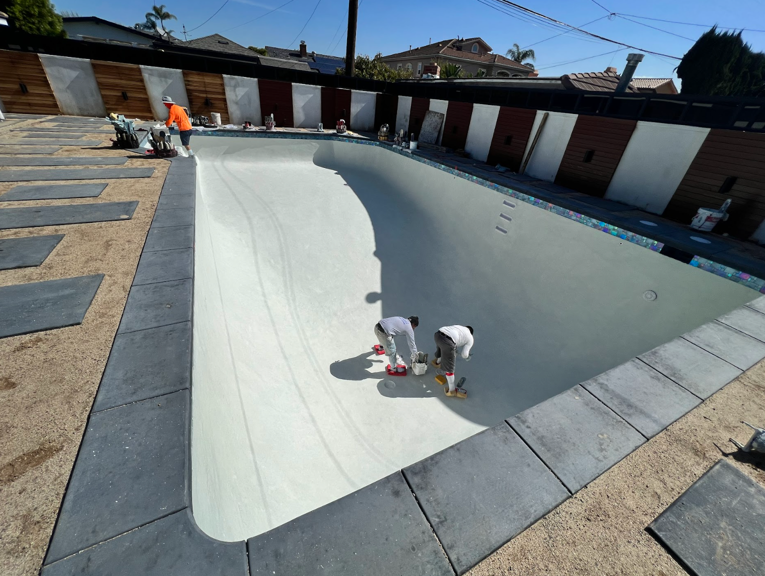 Two small dogs on the edge of an empty concrete swimming pool under bright sunlight