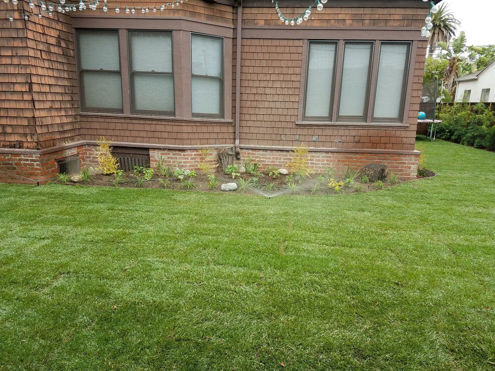 Brick house exterior with windows, mulch bed, and green lawn