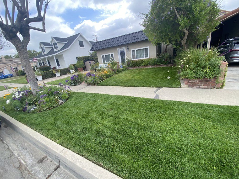 Suburban front yard with green lawn, flower beds, sidewalk, and a house under a partly cloudy sky