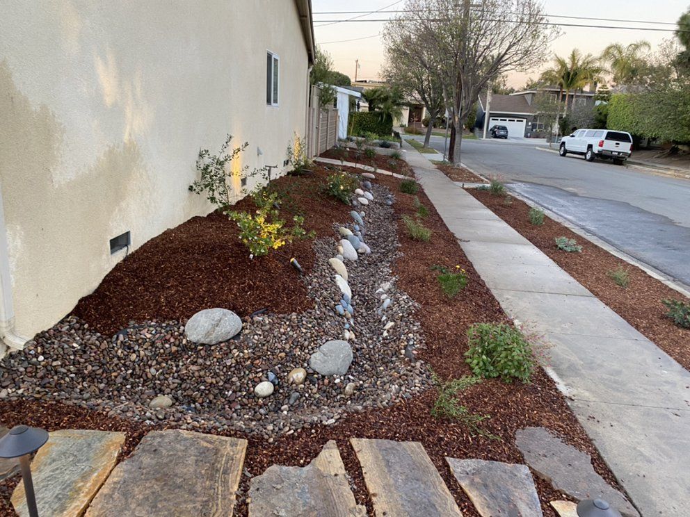 Landscaped side yard with mulch, rocks, and a narrow sidewalk beside a stucco building on a quiet street.
