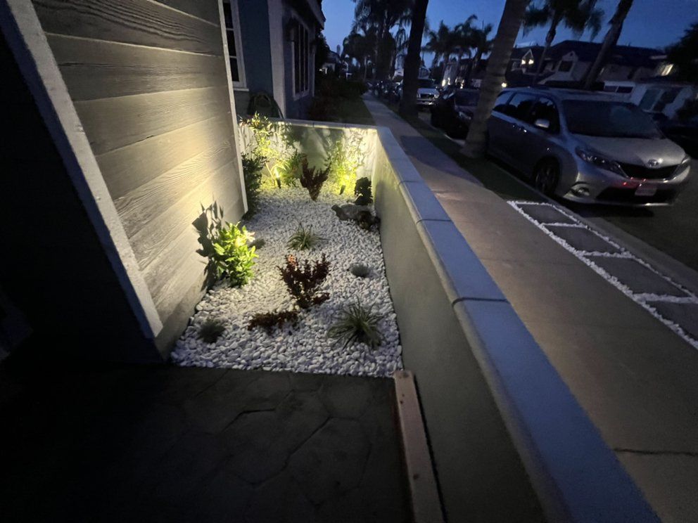 Small illuminated front yard garden with white rocks beside a sidewalk and parked cars at dusk
