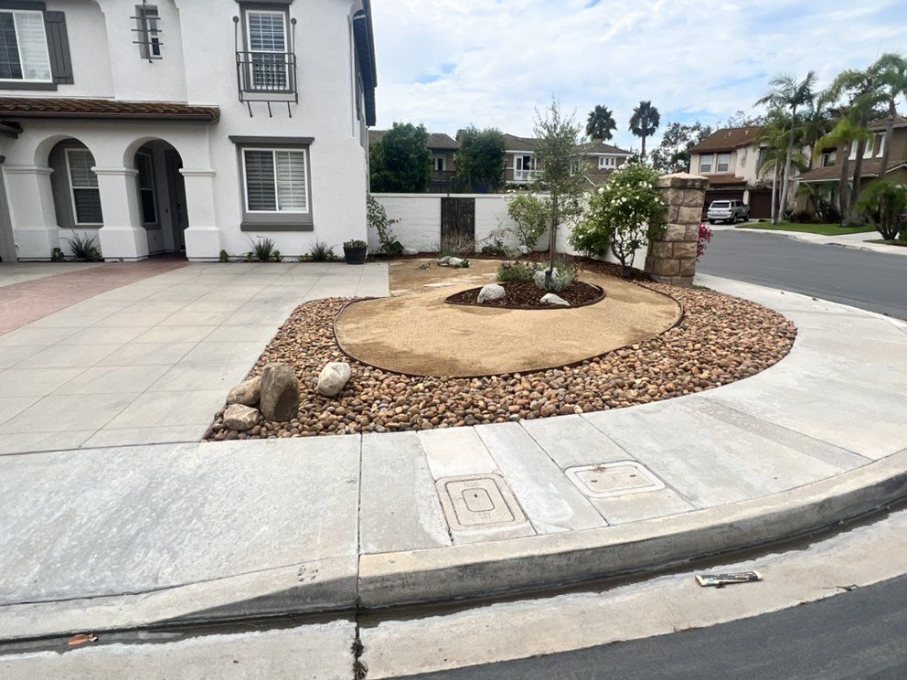 Landscaped roadside planter with dry mulch and shrubs beside a white building and curved sidewalk.