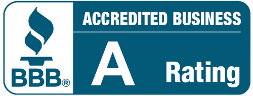 BBB Accredited Business A rating logo with blue and white text and torch icon