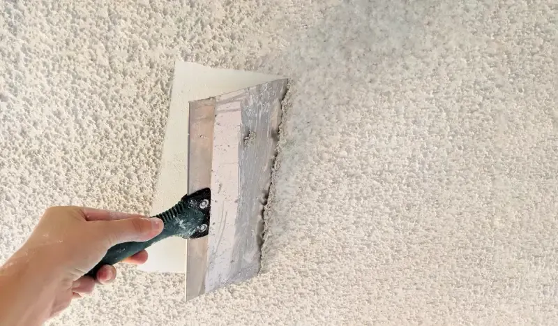 A person is using a spatula to plaster a wall.