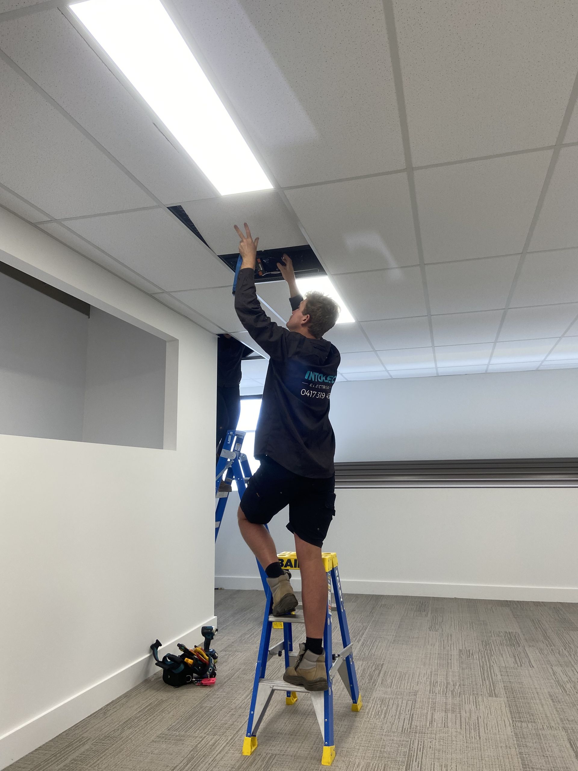 Person on Ladder Installing a Pendant Lamp — Intolec Electrical In Tweed Heads, NSW