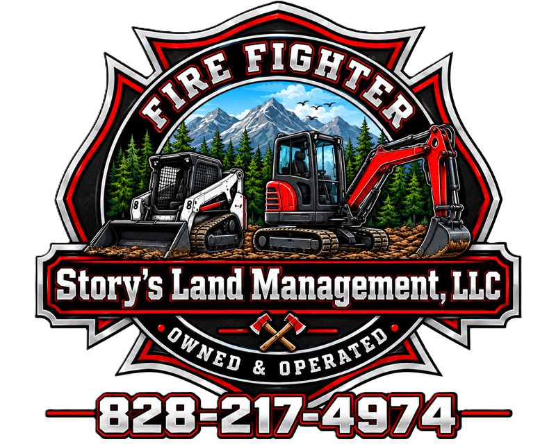 Story’s Land Management, LLC fire fighter logo with excavator, red truck, and phone number 828-217-4974