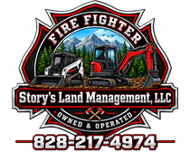 Story’s Land Management, LLC fire fighter logo with excavator, red truck, and phone number 828-217-4974