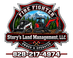 Story’s Land Management, LLC fire fighter logo with excavator, red truck, and phone number 828-217-4974