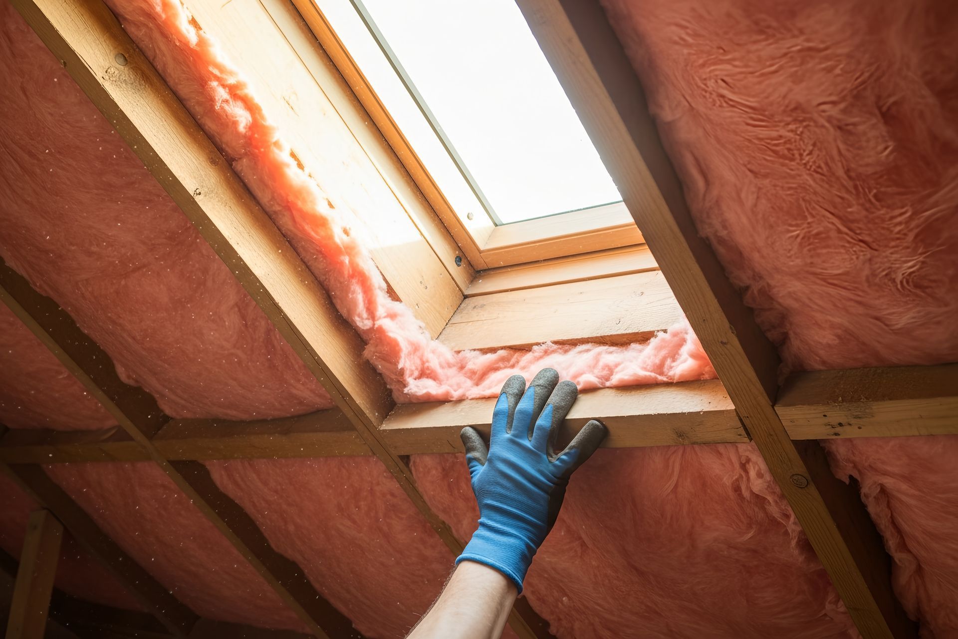 Gloved hand inspecting pink insulation around a skylight in an attic ceiling