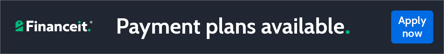 Financeit banner saying “Payment plans available” with an “Apply now” button on a dark blue background