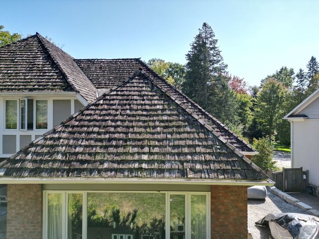 Brick house with a dark tiled roof and large windows, surrounded by trees in a sunny suburban setting