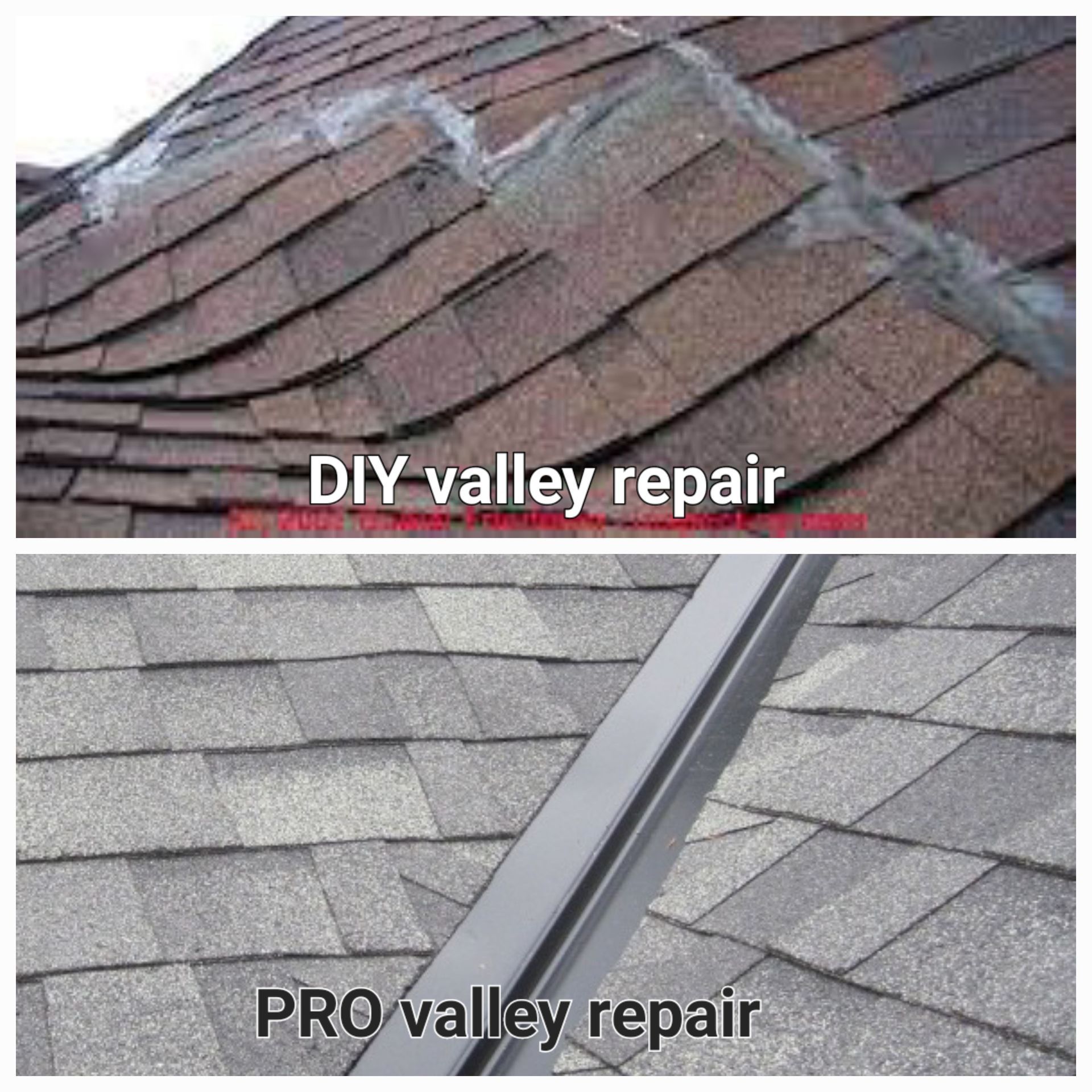 Comparison of a messy, poorly sealed DIY roof valley repair and a clean, professional metal flashing installation.